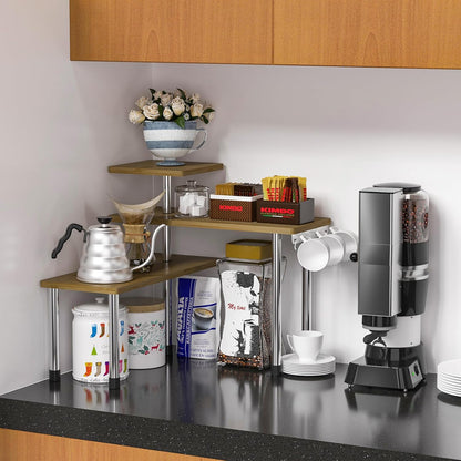 ZHWS Kitchen Countertop Organizer Spice Rack for Salt, Bathroom Counter Organizer Over Sink for Makeup, Skincare, Adjustable 3-Tier Corner Counter Shelf with 4 Hooks for Coffee Bar Dresser Table