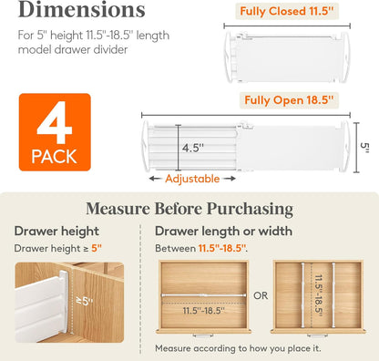 Lifewit Drawer Dividers for Clothes, 3.2" Tall 10.5"-16.5" Expandable Dresser Drawer Organizers, Adjustable White Plastic Separators for Kitchen, Cabinet, Nursery, Socks & Underwear Storage, 4 Pack