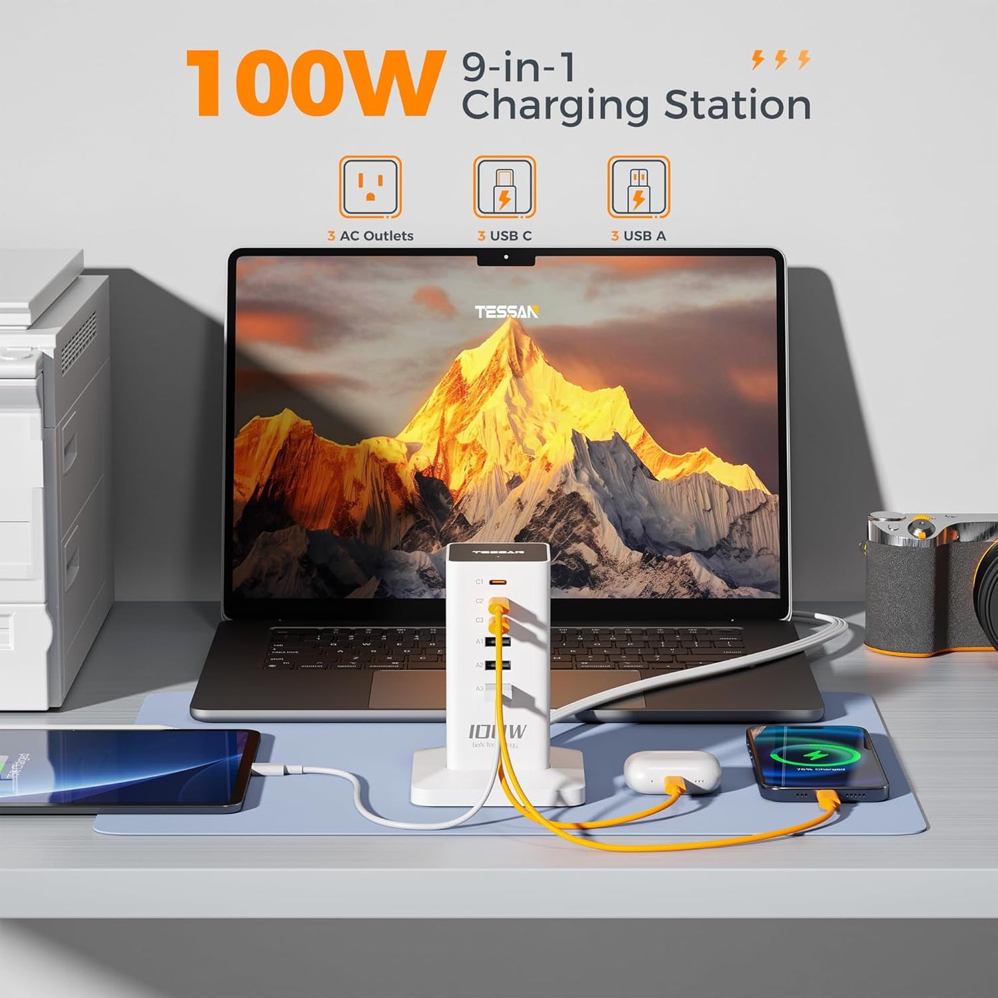 Charging Station for Multiple Devices, TESSAN 9-in-1 USB C Power Strip for iPhone 17/16/15, MacBook, Tablet, Desktop Phone Fast Charger with 3 AC, USB Charger, Home Drom Office Accessories, White-65W
