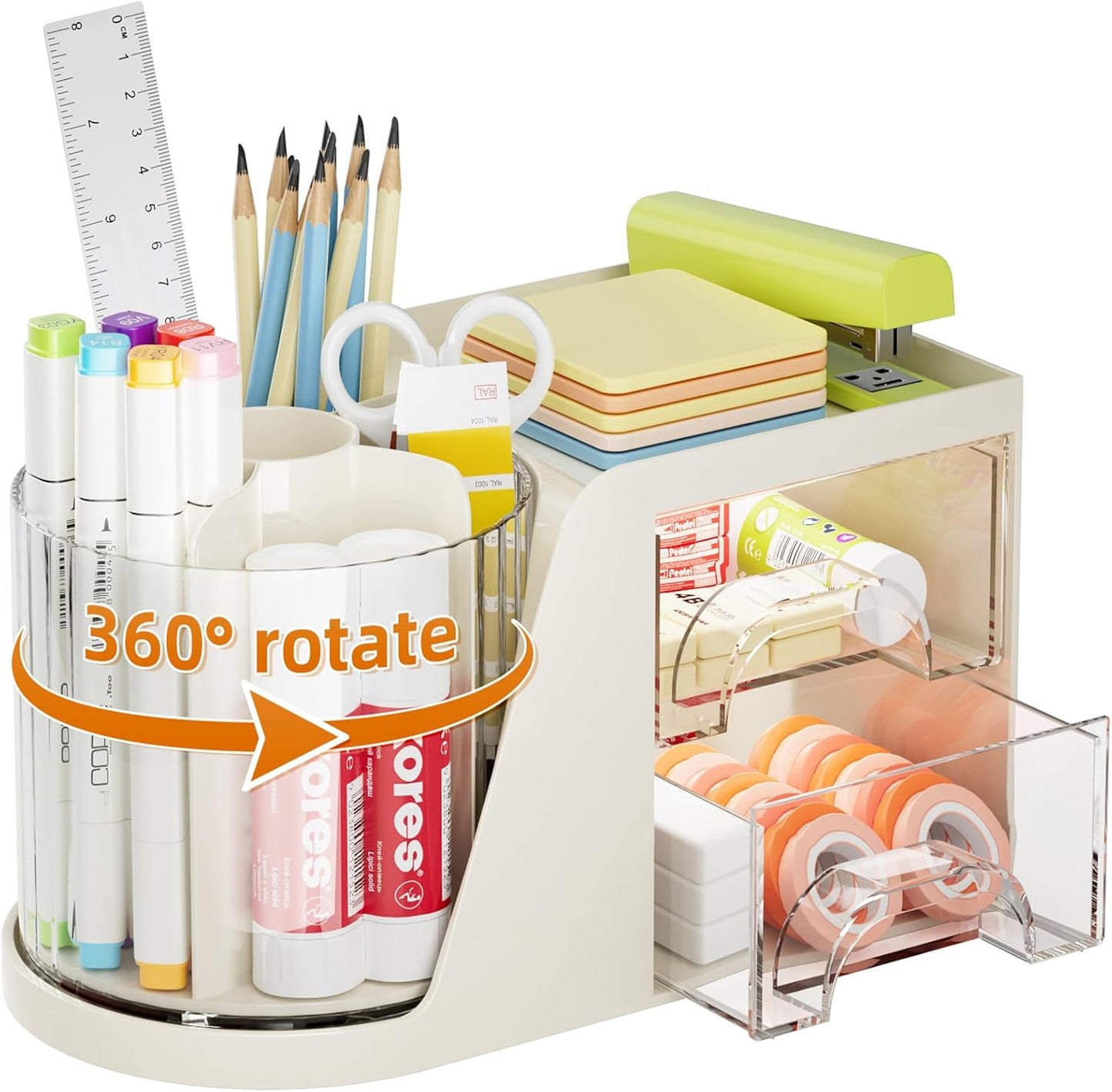 Marbrasse Desk Organizer with 2 Drawer, 360°Rotating Pen Holder, Desk Organizers and Accessories with 6 Slots Pencil Organizer + 2 Drawer, Art Supply Storage Box Caddy for Office (White)