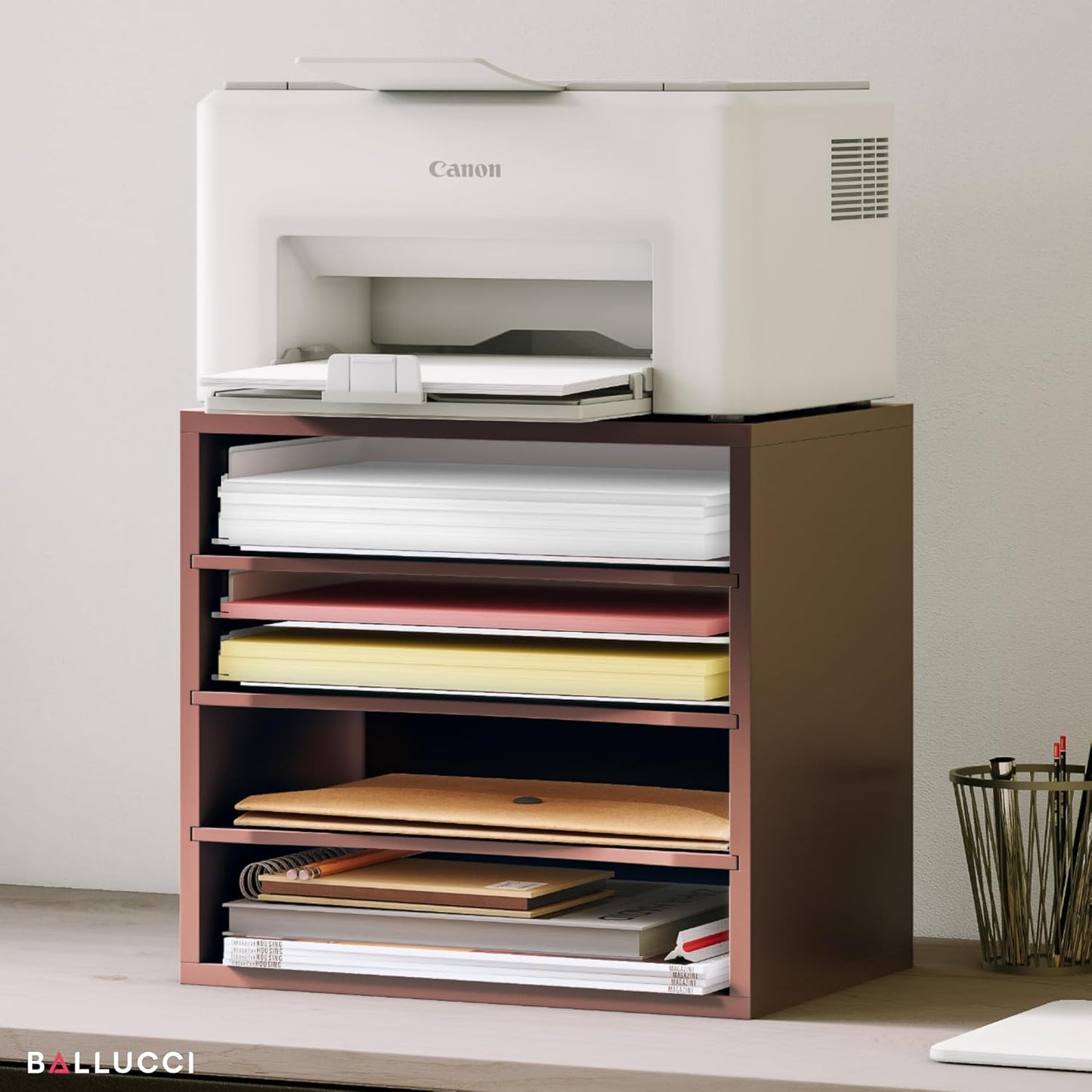 Ballucci 4-Tier Paper Organizer for Desk, Stackable Organizer Tray, Desk Storage Shelves, Stacking Letter Paper Tray Sorter for Classroom, Office, White