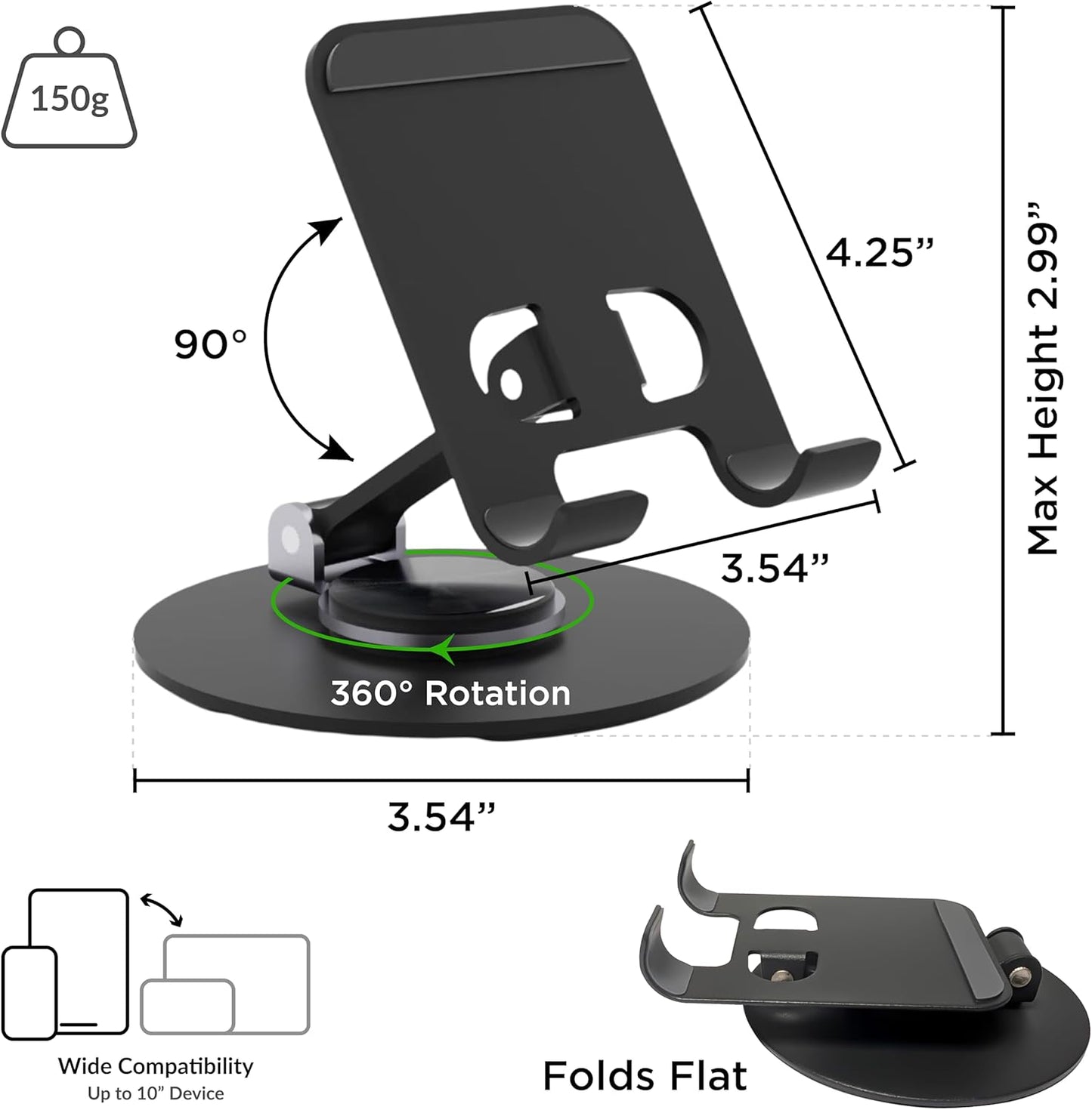 Uncaged Ergonomics 360° Swivel Rotating Adjustable Phone Stand for Desk, Portable & Foldable Cell Phone Stand for Desk, Compact Mobile Stand for Tabletop, Office, Kitchen & Bedroom (Black)
