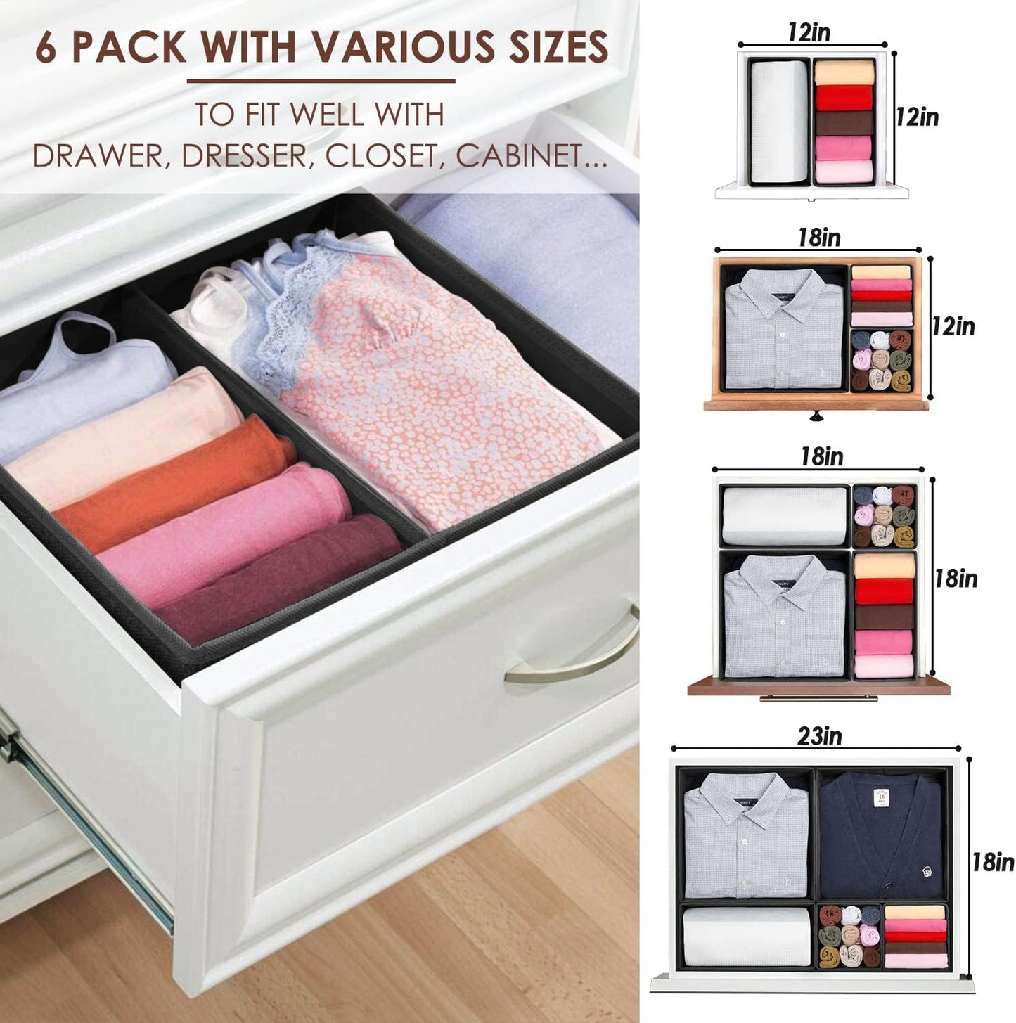 Criusia Foldable Underwear Drawer Organizer, Closet Dividers, Storage Box for Clothes, Socks (6 Bins, Gray)