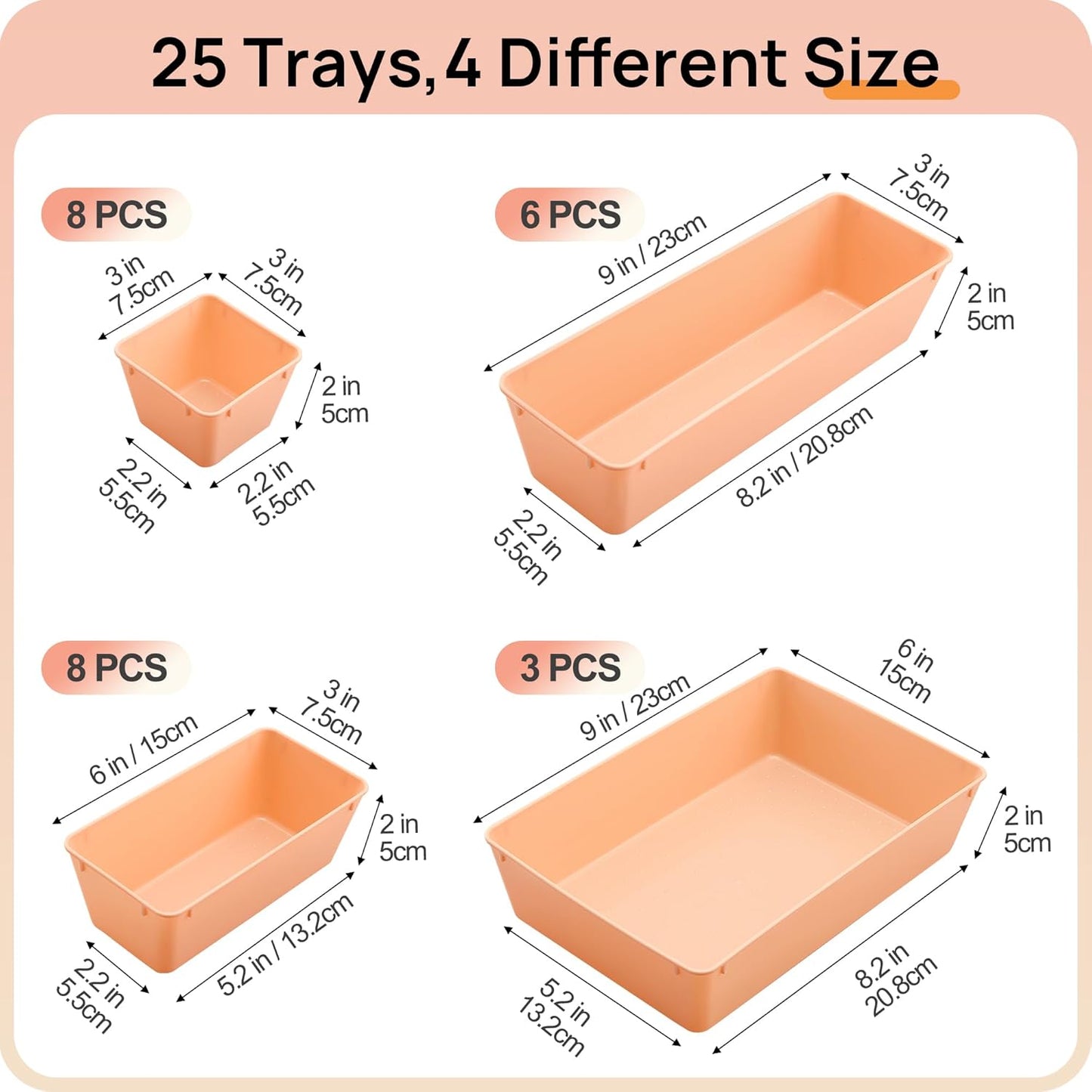 Vtopmart 25 PCS Clear Plastic Drawer Organizers Set, 4-Size Versatile Bathroom and Vanity Drawer Organizer Trays, Storage Bins for Makeup, Bedroom, Kitchen Gadgets Utensils and Office