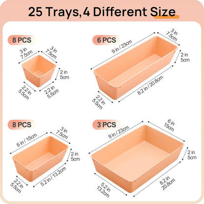 Vtopmart 25 PCS Clear Plastic Drawer Organizers Set, 4-Size Versatile Bathroom and Vanity Drawer Organizer Trays, Storage Bins for Makeup, Bedroom, Kitchen Gadgets Utensils and Office