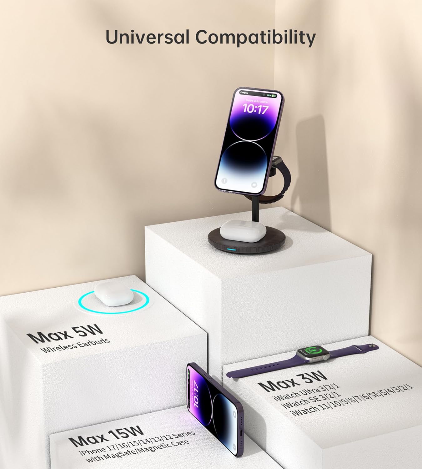 XooFly 3 in 1 Wireless Charging Station for Apple Devices, Fast Wireless Mag-Safe Charger Stand with 20W Adapter for iPhone 17 16 15 14 13 12 Pro Max/Air/Plus/Pro,iWatch,AirPods-Gift for Wife&Husband