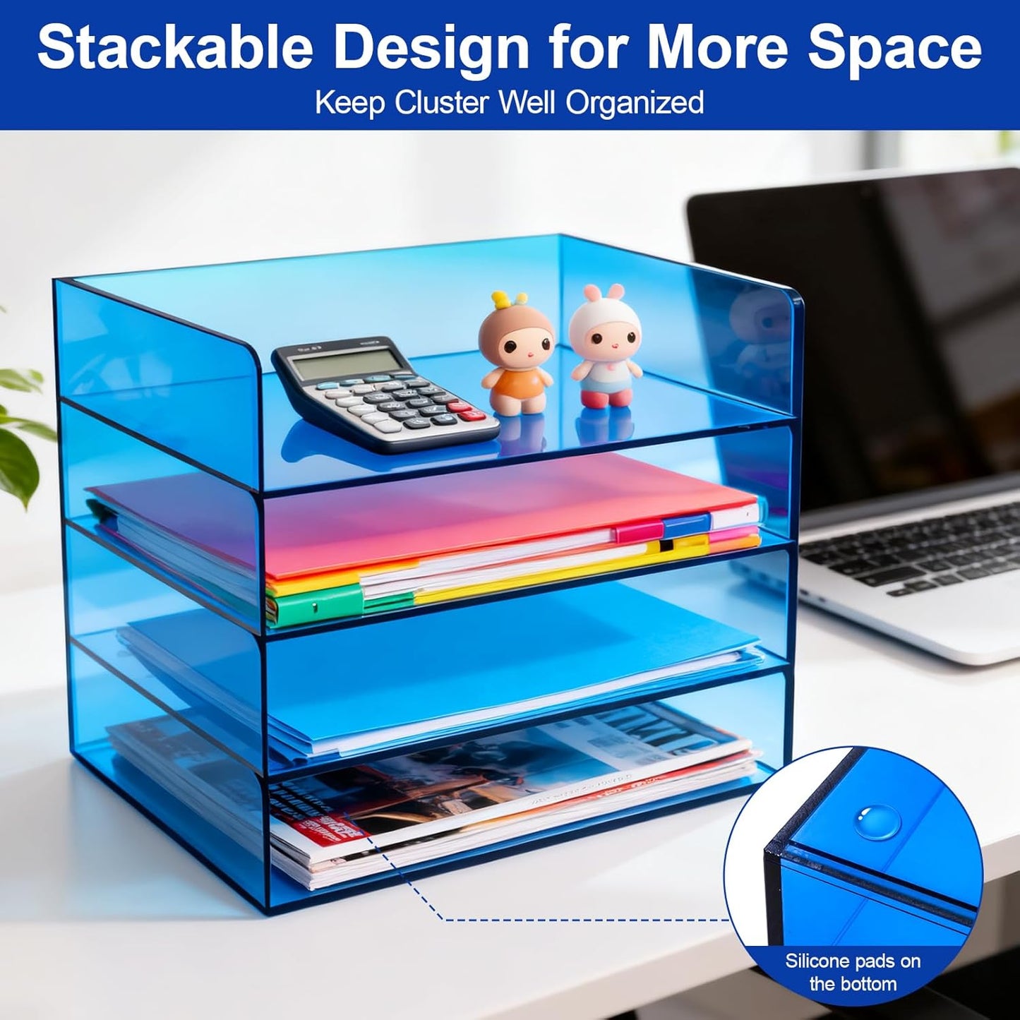 Gelite Acrylic File Organizer for Desk 4 Tiered Stackable Letter Tray Office Paper Storage Desktop Document Sorter, Neon Pink