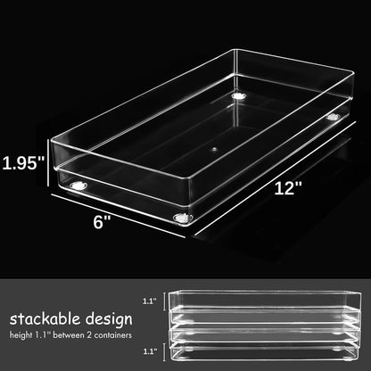 LotFancy Clear Drawer Organizers, 12” x 3” x 2”, Set of 3, Drawer Organizer Trays for Desk, Plastic Storage Bins for Bathroom, Makeup, Utensils, Stackable