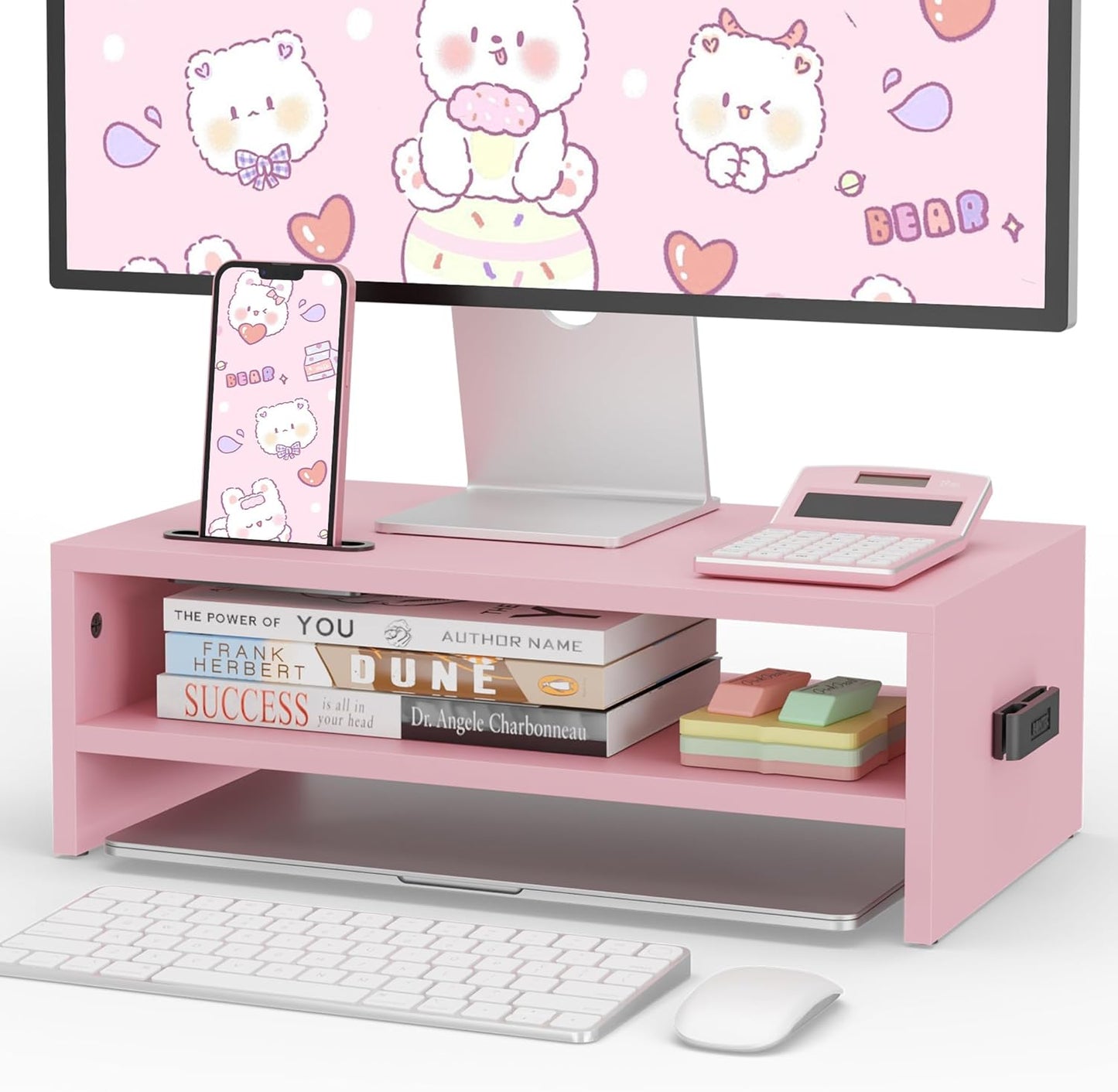 BONTEC Wooden Monitor Stand Riser, 2-Tier Desk Shelf with Storage Organizer, Ergonomic Computer Stand with Cable Management, Cellphone Holder, White, 16.5 Inch