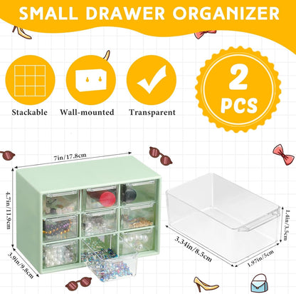 Wenqik 2 Pcs Mini Storage Drawers Teacher Toolbox Organizer with 9 Clear Drawers Small Plastic Desktop Teacher Desk Craft Organizer for Classroom Office 7" x 3. 9" x 4. 7"(Green)