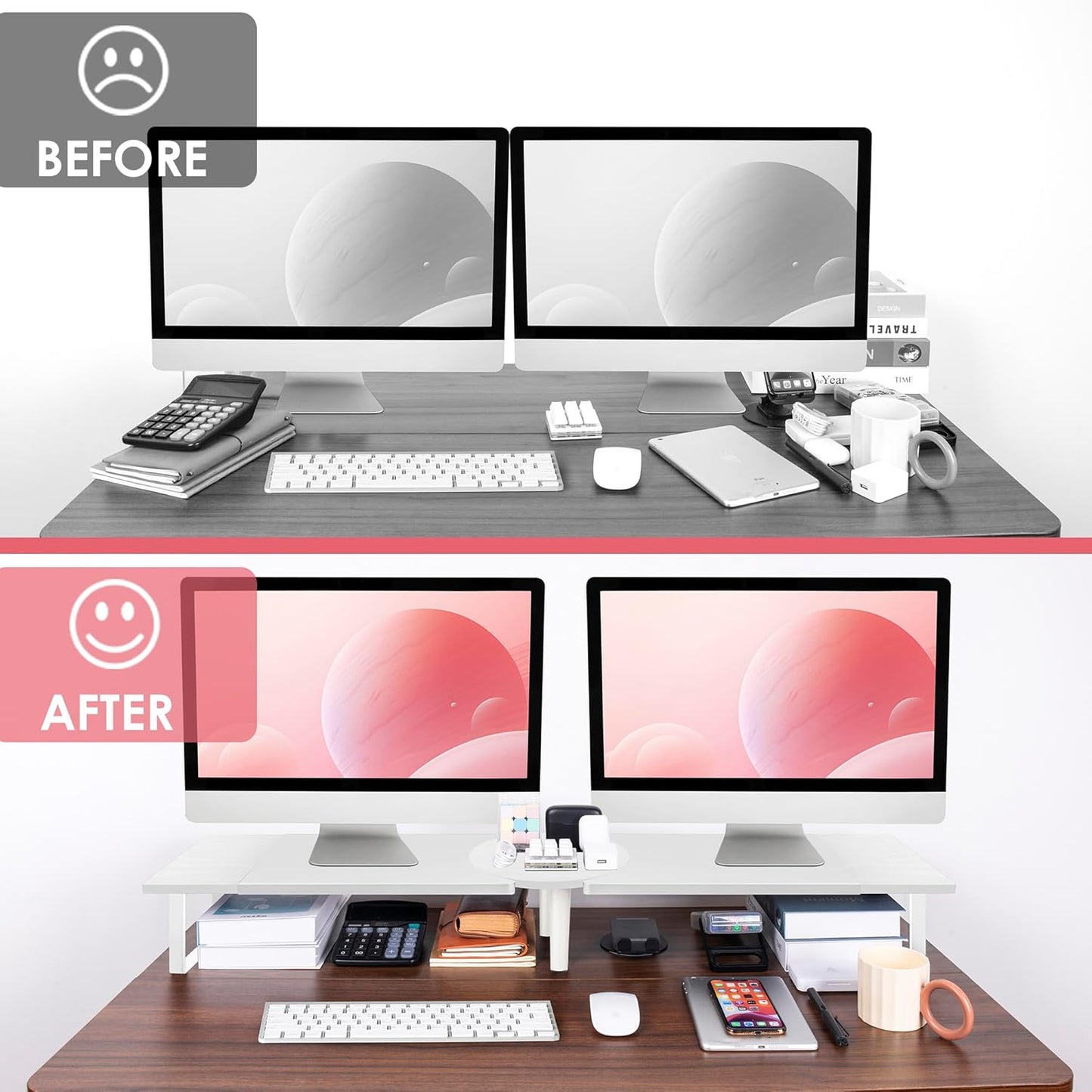 Across-Star Dual-Monitor-Stand-Riser-For-Desk Adjustable Length 32-40 Inch，Large Desktop Computer Monitor Riser For 2 Screens，Desk Shelf Organizer Riser Stand For Computer/Laptop/PC/Printer/TV Black