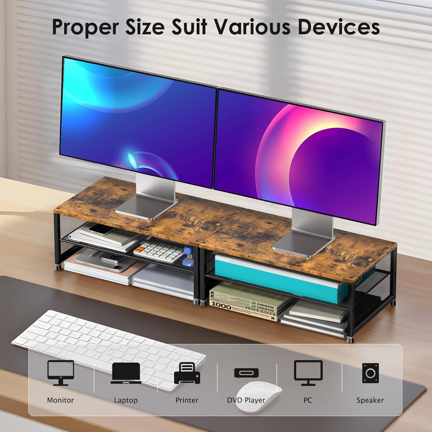 ECOLOVI 2-Tier Computer Monitor Stand Riser, Desk Organizer for Monitor, Printer & Laptop Stand, Desktop Workspace Organizers for Office Supplies(Black)