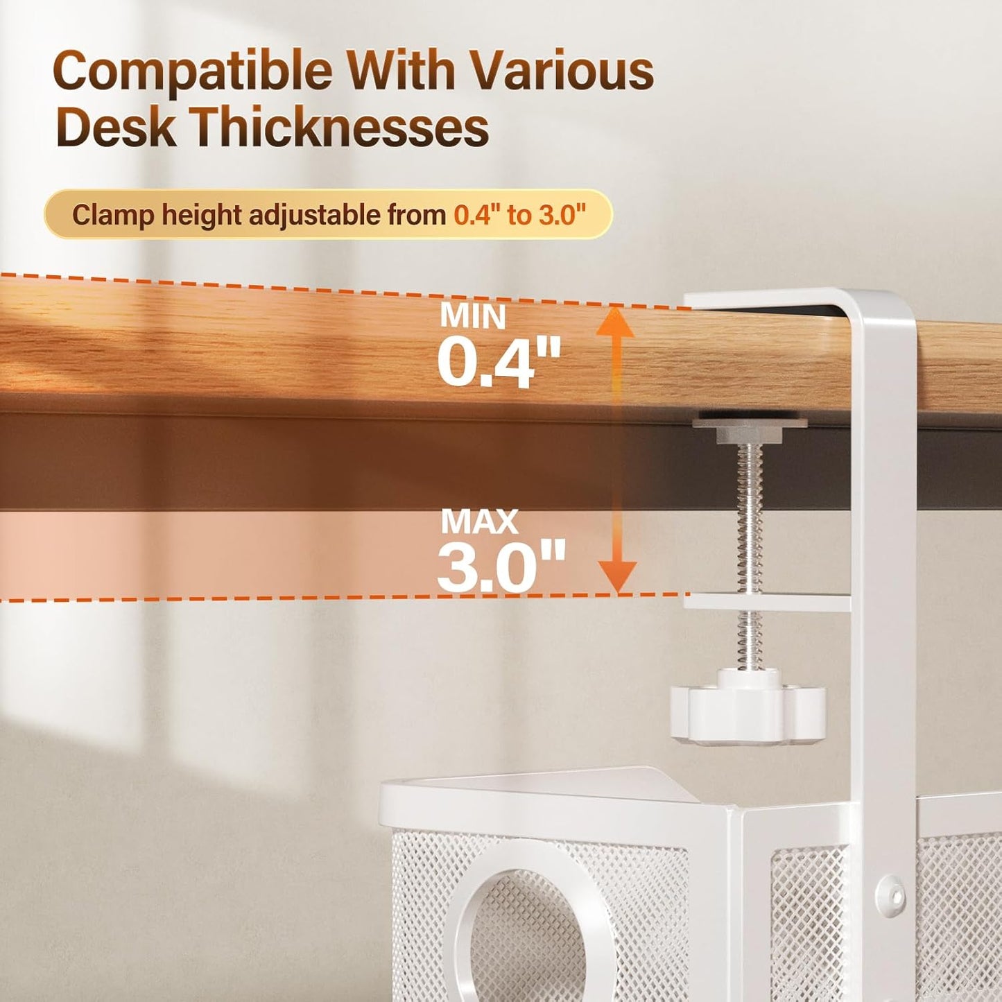 Under Desk Cable Management Tray White, Cinati Wire Organizers No Drill, Cable Tray with Clamp for Wire Management, Cord Organization Box for Office, Home - No Damage to Desk