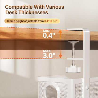 Under Desk Cable Management Tray White, Cinati Wire Organizers No Drill, Cable Tray with Clamp for Wire Management, Cord Organization Box for Office, Home - No Damage to Desk