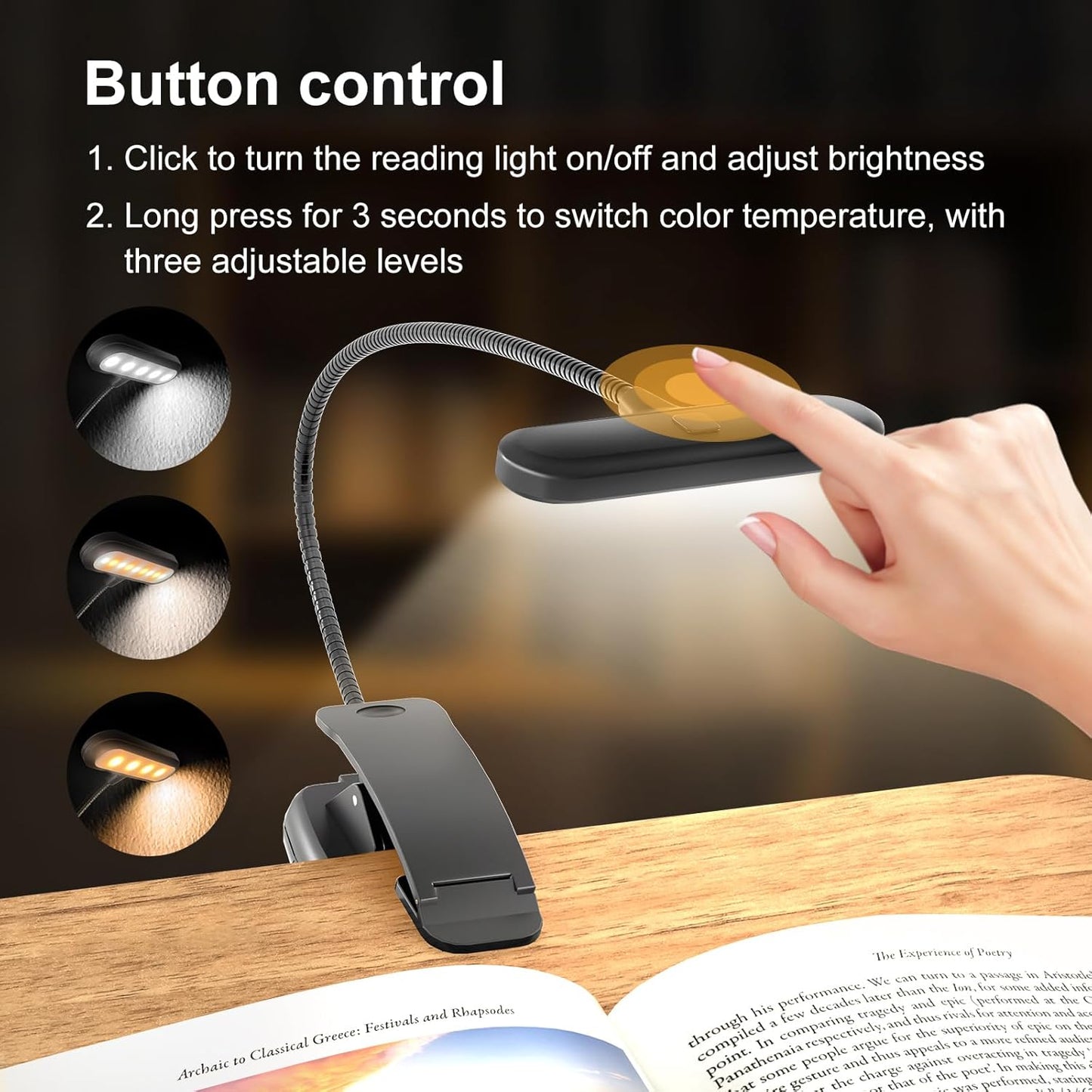 Reading Book Pillow Stand with 3-Color Adjustable Light, Hands-Free Book Holder for Bed or Lap, Wooden Surface, AAA Batteries Required