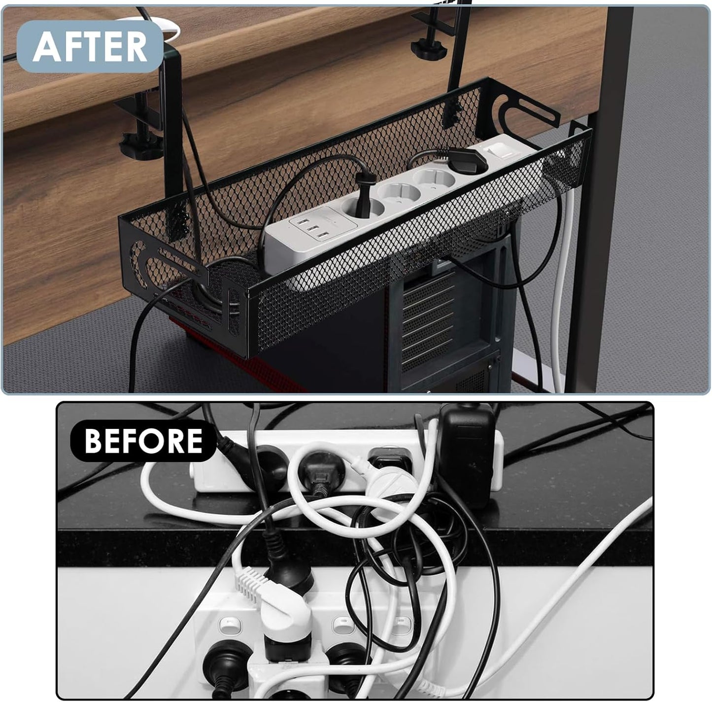 Cable Management, 25'' Cable Management Under Desk No Drill, Metal Cord Organizer with Clamp for Standing Desk, Cable Organizer for Home Office, Black