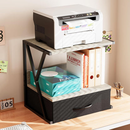 aboxoo Printer Stand for Desk with Storage Drawer, 2 Tier Desktop Or UnderDesk Shelf, Multi-Purpose Desk Organizer for Home Office, fit Fax Machine/3D Printer/Scanner, Rustic Brown