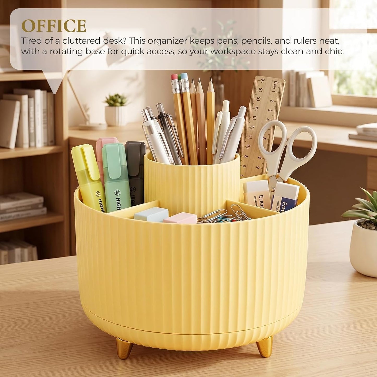 KONVINIT Pencil Pen Holder for Desk, 5 Slots 360 - Degree Rotating Desktop Organizer, Cute Desk Organizers and Accessories for School, Home, Office and Art Supply, Beige