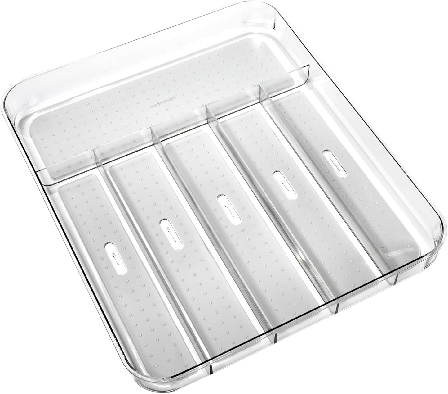 madesmart Premium Clear Silverware Tray, 6 Compartment Flatware Organizer for Forks, Knives & Spoons, Soft Grip Lining & Non Slip Base, Grey