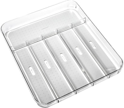 madesmart Premium Clear Silverware Tray, 6 Compartment Flatware Organizer for Forks, Knives & Spoons, Soft Grip Lining & Non Slip Base, Grey