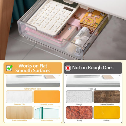 Under Desk Storage Drawers Self-Adhesive Easy Hidden Desktop Organizer, Attachable Clear Acrylic Storage Tray Under Table Drawer for Home Office School Counters Workstation, 2 Pack
