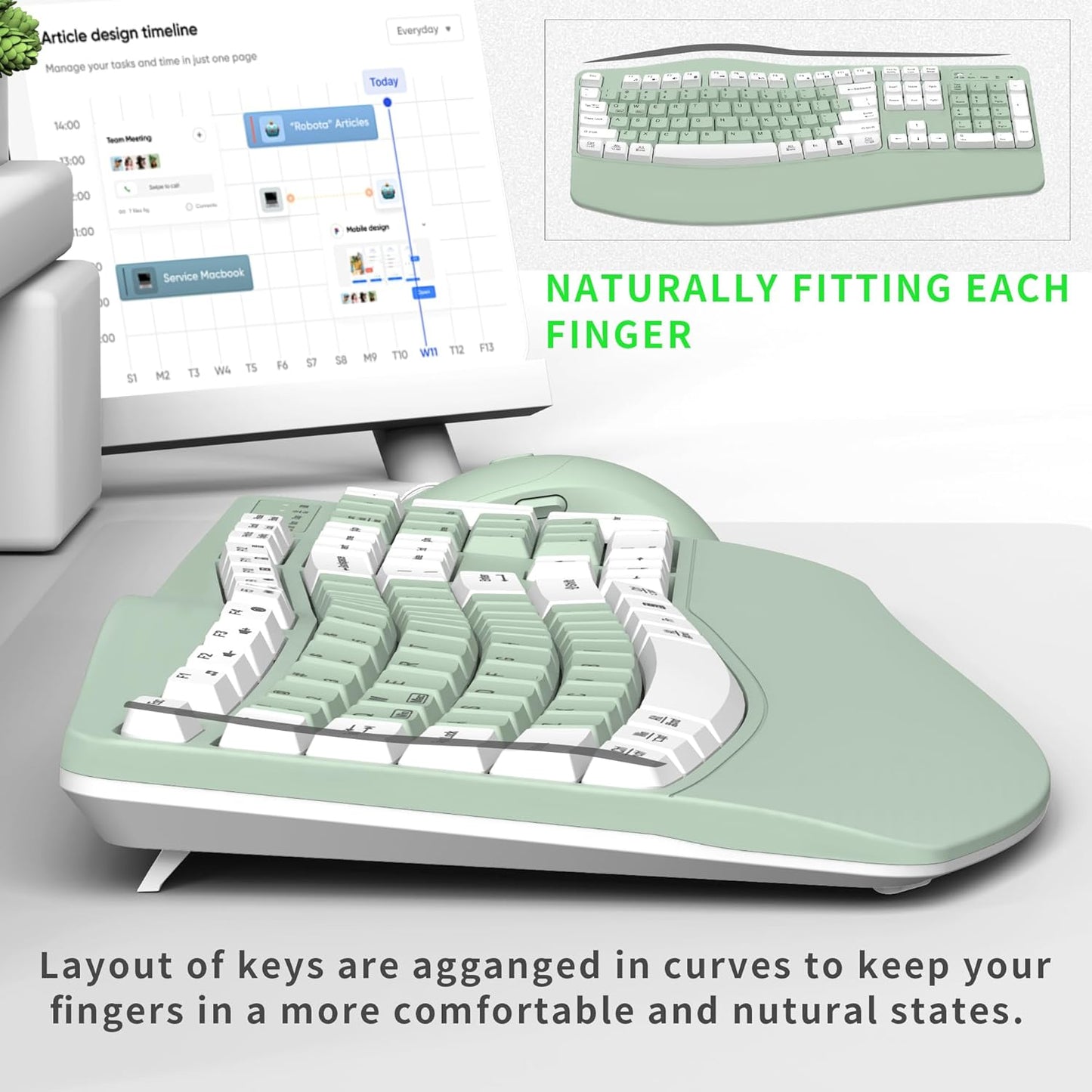 Wireless Keyboard and Mouse Combo,2.4G Full Size Wave Keys Ergonomic Keyboard with Wrist Rest for Natural Typing, 3 DPI Adjustable Ergonomic Silent Mouse for Computer/Laptop/Windows/Mac (Gray)
