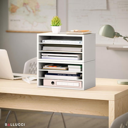 Ballucci 4-Tier Paper Organizer for Desk, Stackable Organizer Tray, Desk Storage Shelves, Stacking Letter Paper Tray Sorter for Classroom, Office, White