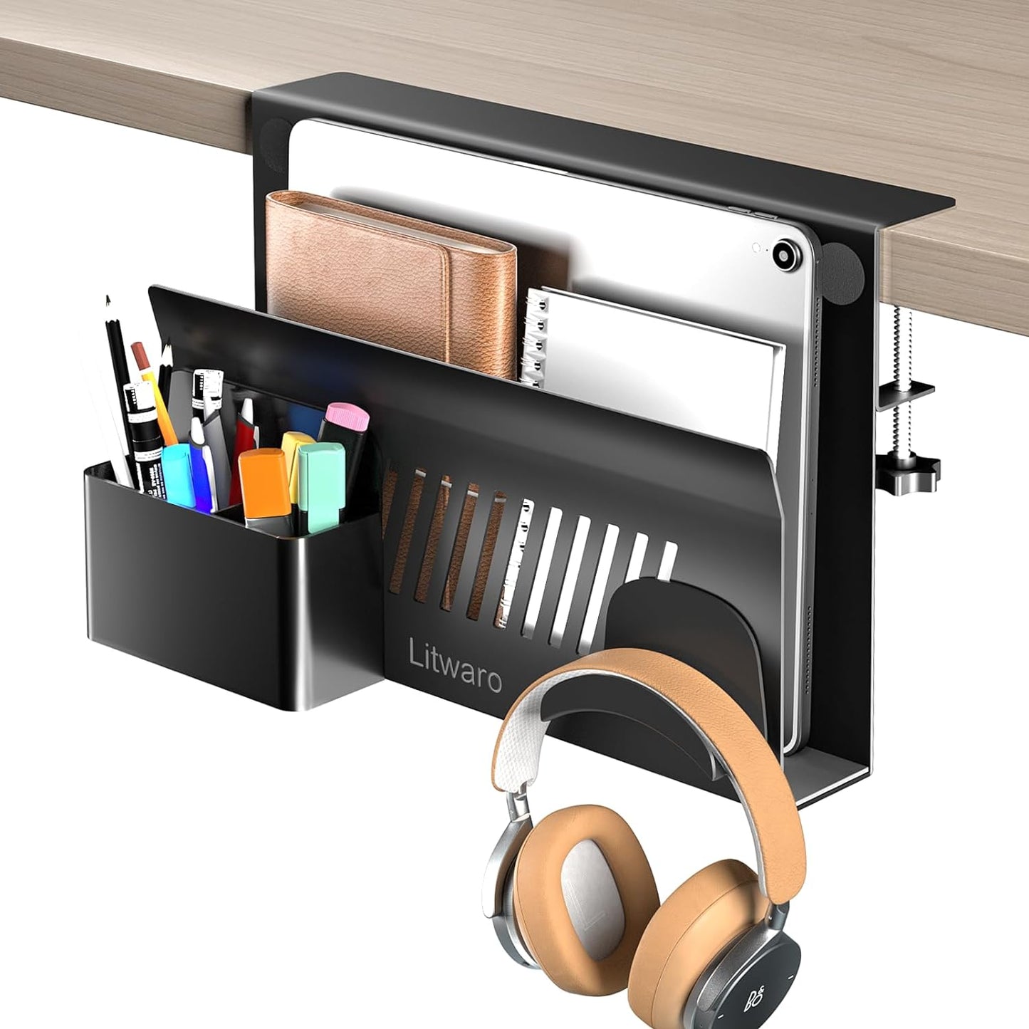 Litwaro Desk Side Storage Organizer, 2 Tier Under Desk Laptop Holder No Drill, Laptop Mount with Magnetic Pen Holder, Hanging Desk Organizer Fits Flat Edge Desks 0.4" to 2.1" (White)
