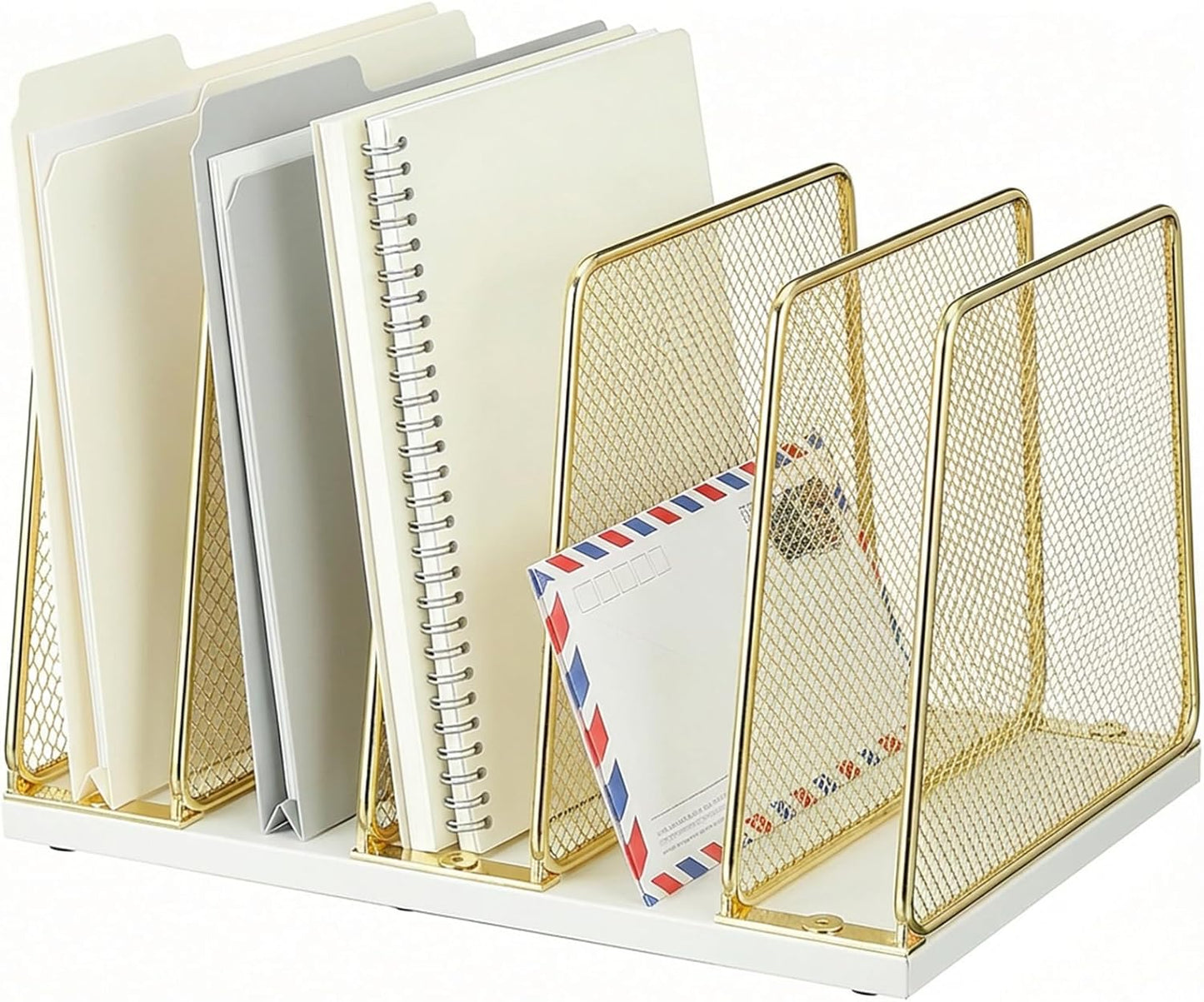 AUPSEN 5-Section Gold File Organizer for Desk, Wood Mesh Desktop File Organizer, File Sorter Storage Rack, Vertical Folder Holder for Files, Magazines, Books (Gold)