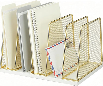 AUPSEN 5-Section Gold File Organizer for Desk, Wood Mesh Desktop File Organizer, File Sorter Storage Rack, Vertical Folder Holder for Files, Magazines, Books (Gold)