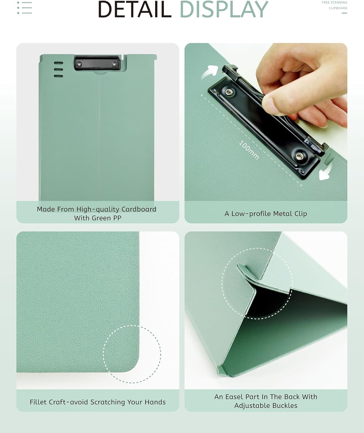 Free Standing Clipboard and Desktop Stand with Adjustable Buckles Easel Back - Foldable Stand and Document Holder for School, Office and Business Use (9.37 x 12.6 inches) (Light Green)