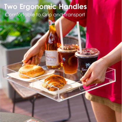 2 Pack Serving Tray with Handles, Clear Acrylic Tray for Serving Food, Large Outdoor Food Trays for Eating, Lucite Acrylic Trays for Appetizer, Pizza, Fruit and Drinks, Unbreakable, 16"×12"