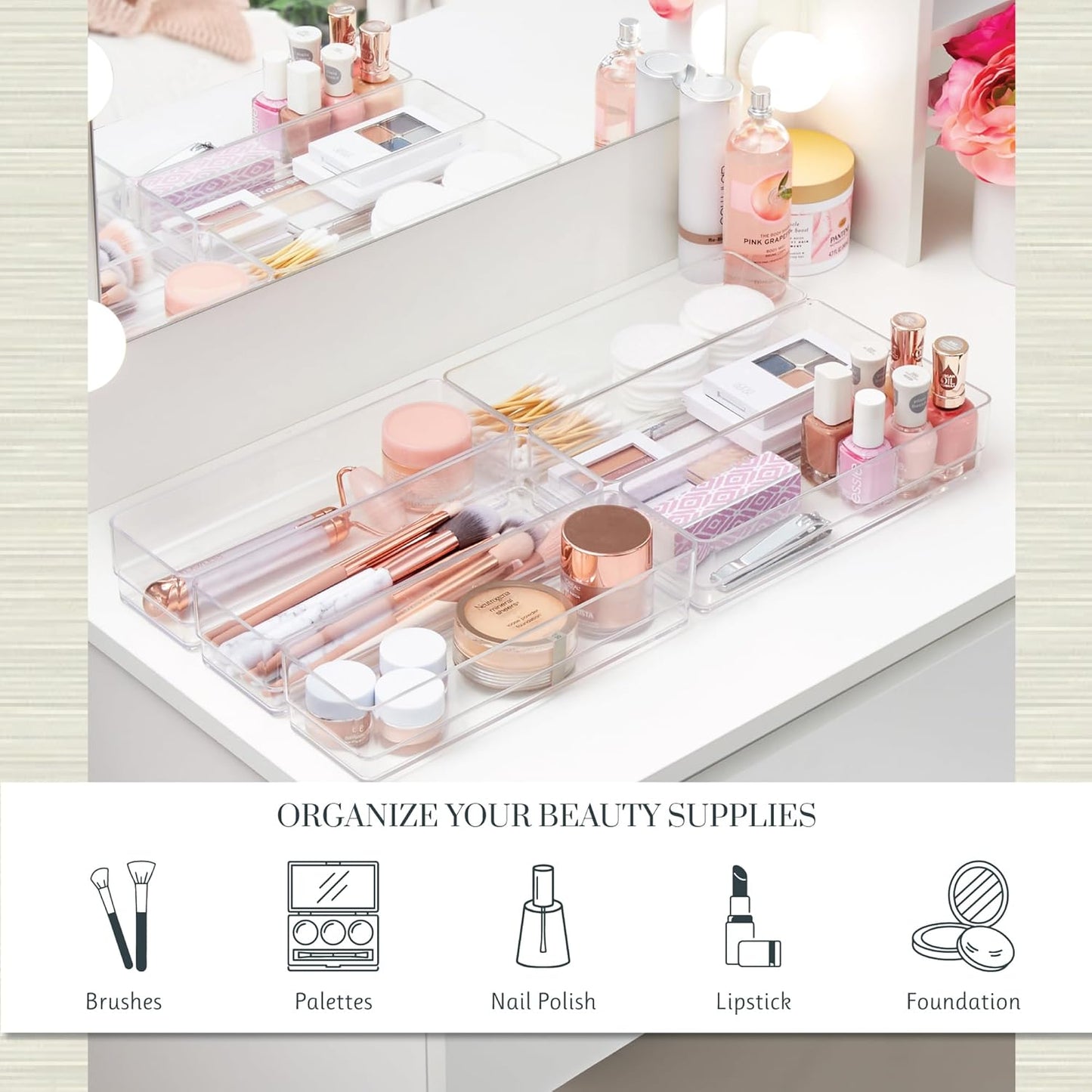 STORi SimpleSort 6-Piece Stackable Clear Drawer Organizer Set | 12" x 3" x 2" Rectangle Trays | Narrow Makeup Vanity Storage Bins and Office Desk Drawer Dividers | Made in USA