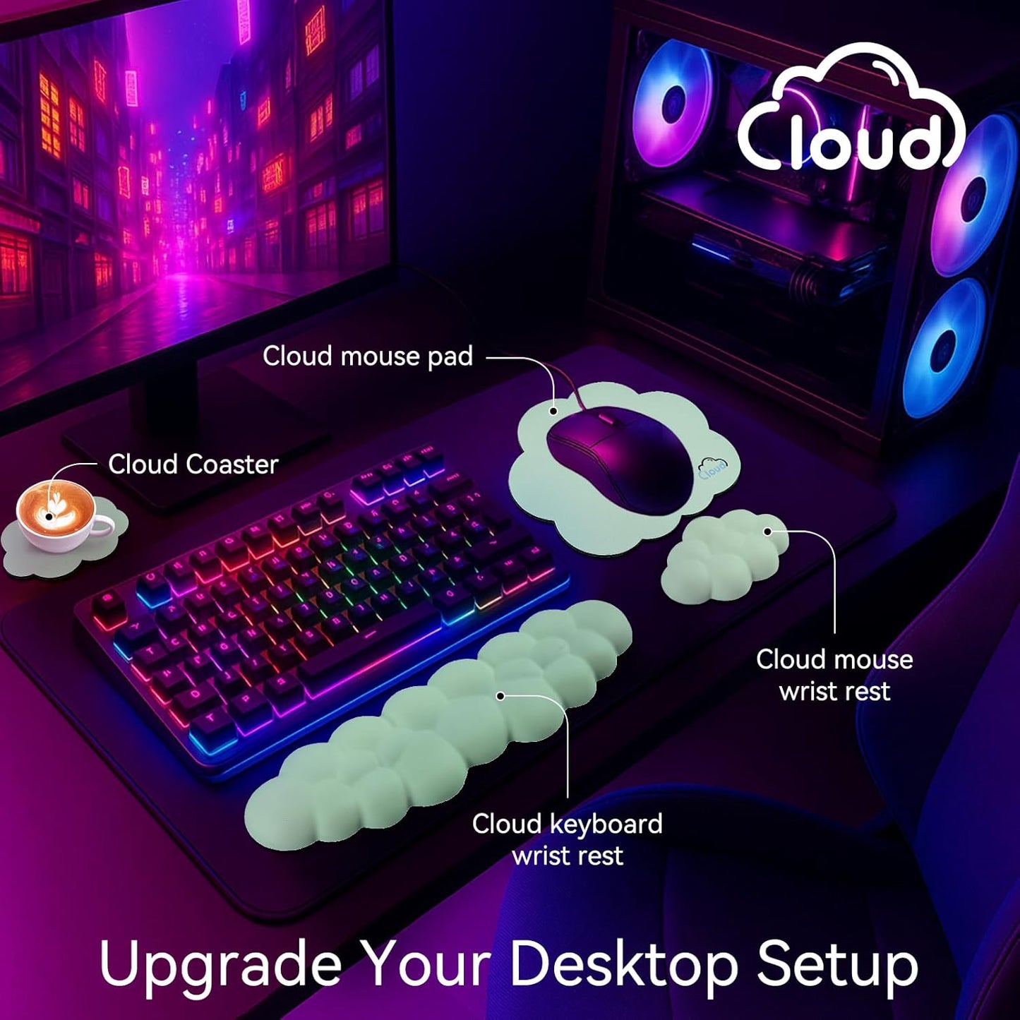 Sushret Cloud Wrist Rest for Computer Keyboard, 4-in-1 Memory Foam Leather Cloud Keyboard Wrist Rest and Mouse Pad Set with Ergonomic Support for Arm and Palm Cushion, Gaming/Work Setup, Rainbow