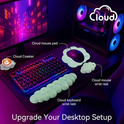 Sushret Cloud Wrist Rest for Computer Keyboard, 4-in-1 Memory Foam Leather Cloud Keyboard Wrist Rest and Mouse Pad Set with Ergonomic Support for Arm and Palm Cushion, Gaming/Work Setup, Rainbow