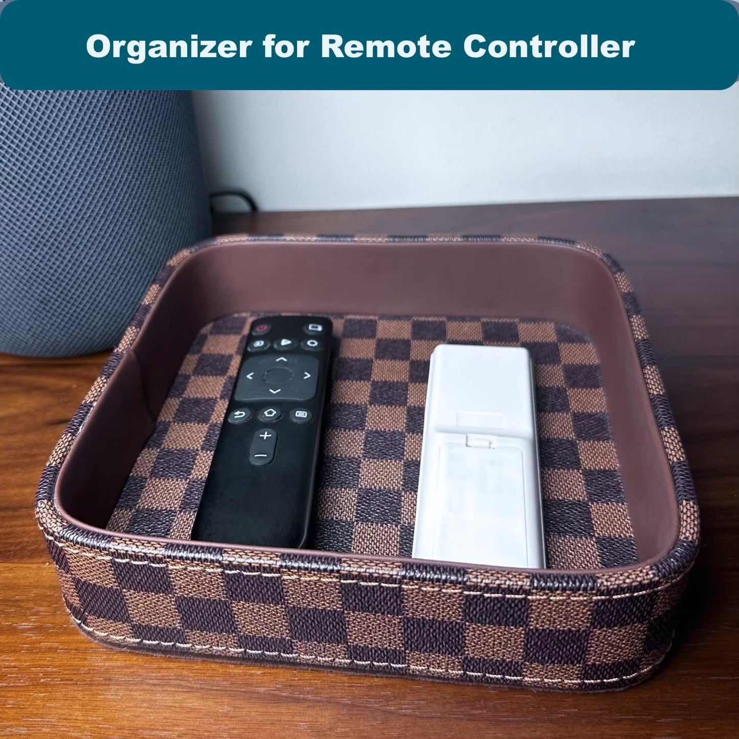 Leather Valet Tray for Men (Solid Wood Inside), Key Trays Bowl for Entryway Table, EDC Catch All Dish, Organizer Decorative Tray for Cologne Jewelry Perfume Watch Wallet- Brown Checkered PU