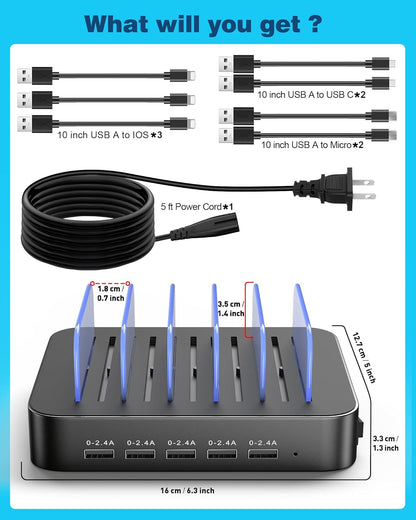 MSTJRY Charging Station for Multiple Devices : 5 Port Multi USB-A Charger Stations Multi-Device Organizer Charging Dock Designed for iPhone iPad Cell Phone Tablets (7 Short Cables Included)