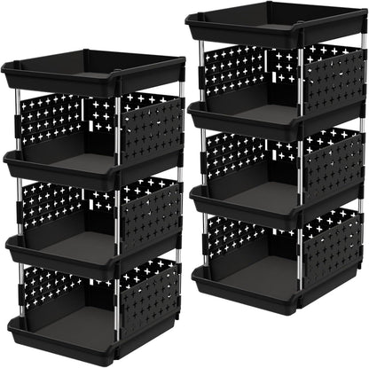 Lifewit Plastic Stackable Storage Baskets, 4 Tier Stacking Bins for Food and Clothes, Multifunctional Organizer for RV, Kitchen, Playroom, Pantry and Bathroom, 13.8"D x 11.8"W x 28.3"H, 1 Pack, White