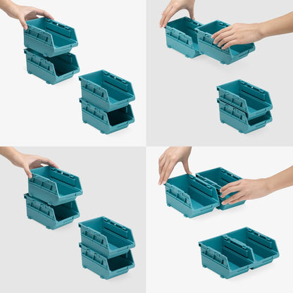 Navaris Storage Bins - Interlocking Plastic Van Boxes - Wall Mounted Compartments for Screws Nails Small Tool Parts - Workshop Garage Drawer Shed Organiser - 12 Bins & 3 Rails