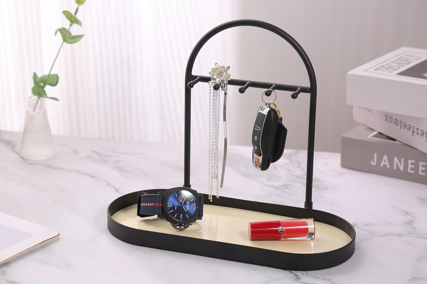 Shinpuru Metal Jewelry Organizer Stand & Key Holder Tray with Acrylic Base, Key Stand and Jewelry Tray with 5 Hooks, Perfect Key Bowl, Valet Key Tray, Ring Holder, Jewelry Dish (Silver Black)