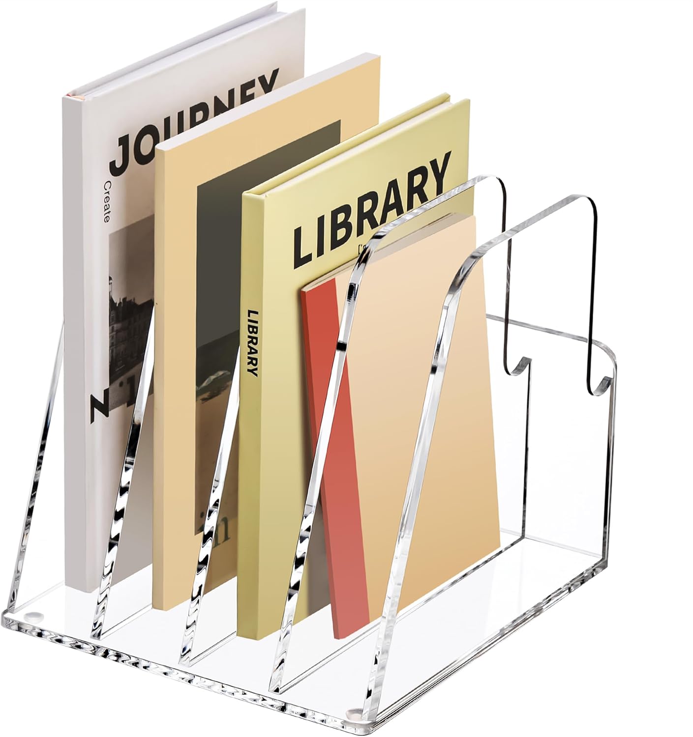 YUXUN Acrylic Magazine Holder,Clear Desk Organizer File Sorter for Notebook,Paper,Envelope,Magazine, Book Storage-Office/Home/Classroom Organization(4 Compartments,B5)