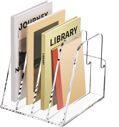 YUXUN Acrylic Magazine Holder,Clear Desk Organizer File Sorter for Notebook,Paper,Envelope,Magazine, Book Storage-Office/Home/Classroom Organization(4 Compartments,B5)