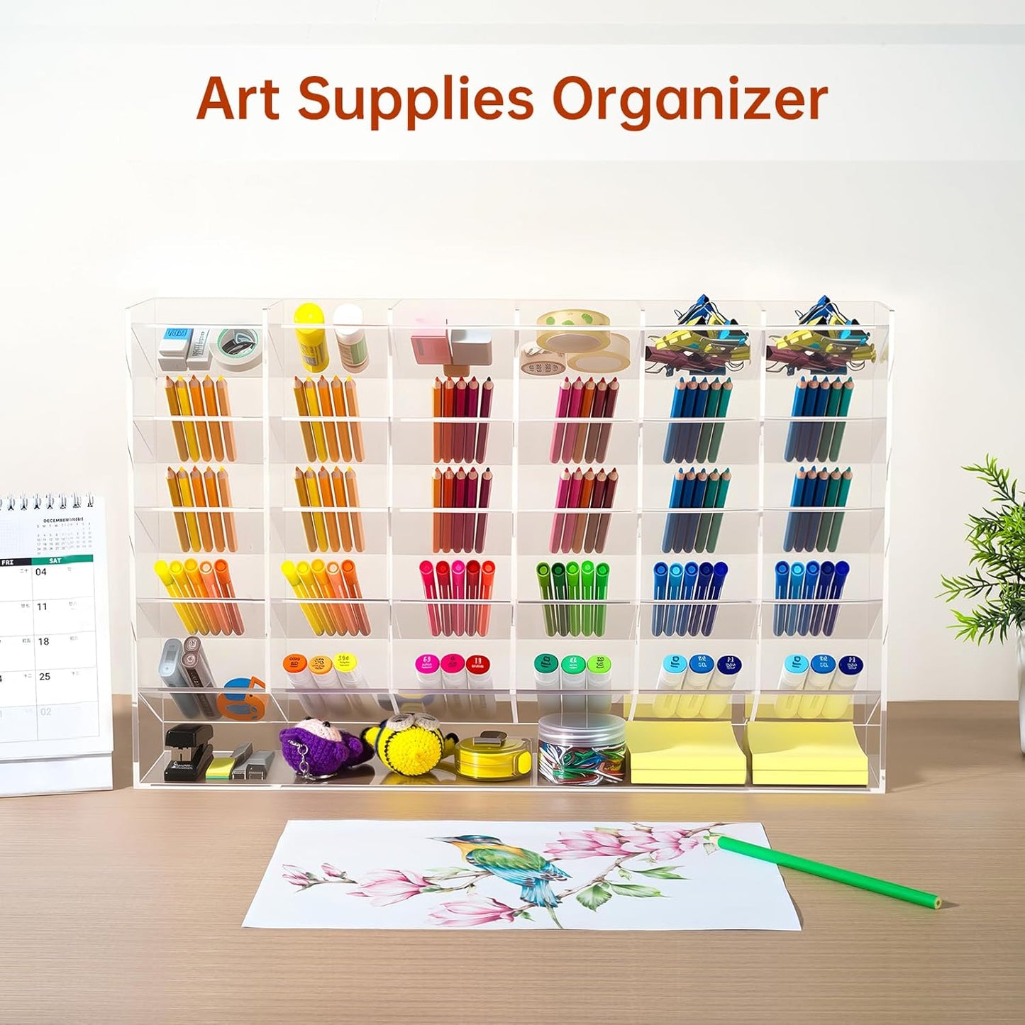 BEYGORM Acrylic Vertical Marker Organizer for 150 Markers with 13 Compartments, Clear Angled Pen & Pencil Holder, Large Desk Stationery & Art Supply Storage for Office & School (10.2 x 9.8 x 4 Inch)