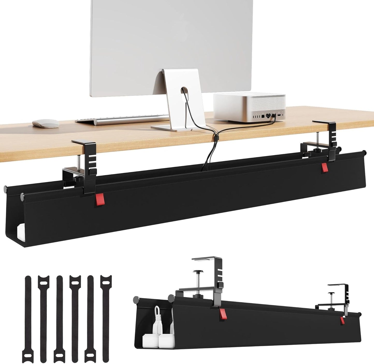 Litwaro Under Desk Cable Management Tray No Drill, 36" Cord Organizer with Clamp for Standing Desk, Premium Fabric Cable Tray with Wire Management for Office Home, Black