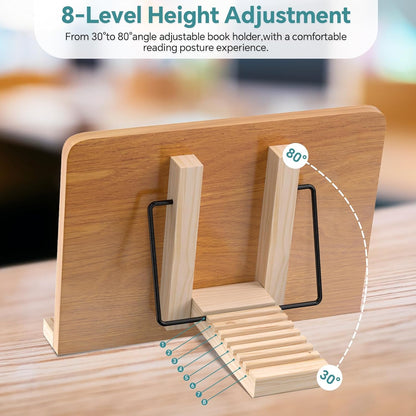 Book Stand for Reading,8 Adjustable Height Holder Tray with Page Clips for Textbook/Cookbook/Music Scores/Tablet/,Lightweight Reading Hands Free Desktop Document Book Mount,Bamboo Holder-Oak Brown