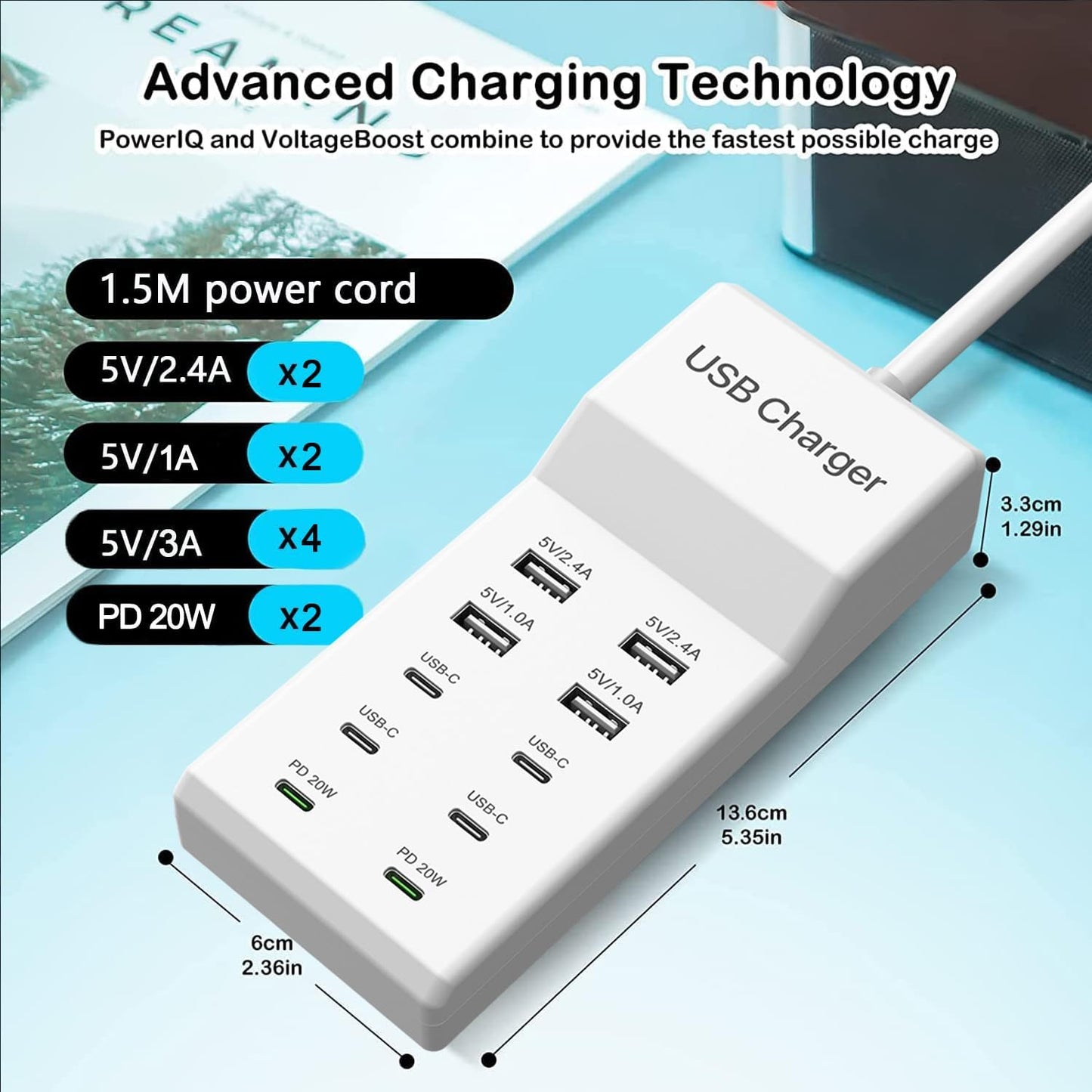USB C Charger,10 Ports USB Charging Station with 6 Ports USB-C, Desktop 50W Multi Ports Charger Compatible with iPhone 12/13/14/15/16/Galaxy S22/S23/S24/S25/Tablet/Watch/Headphones