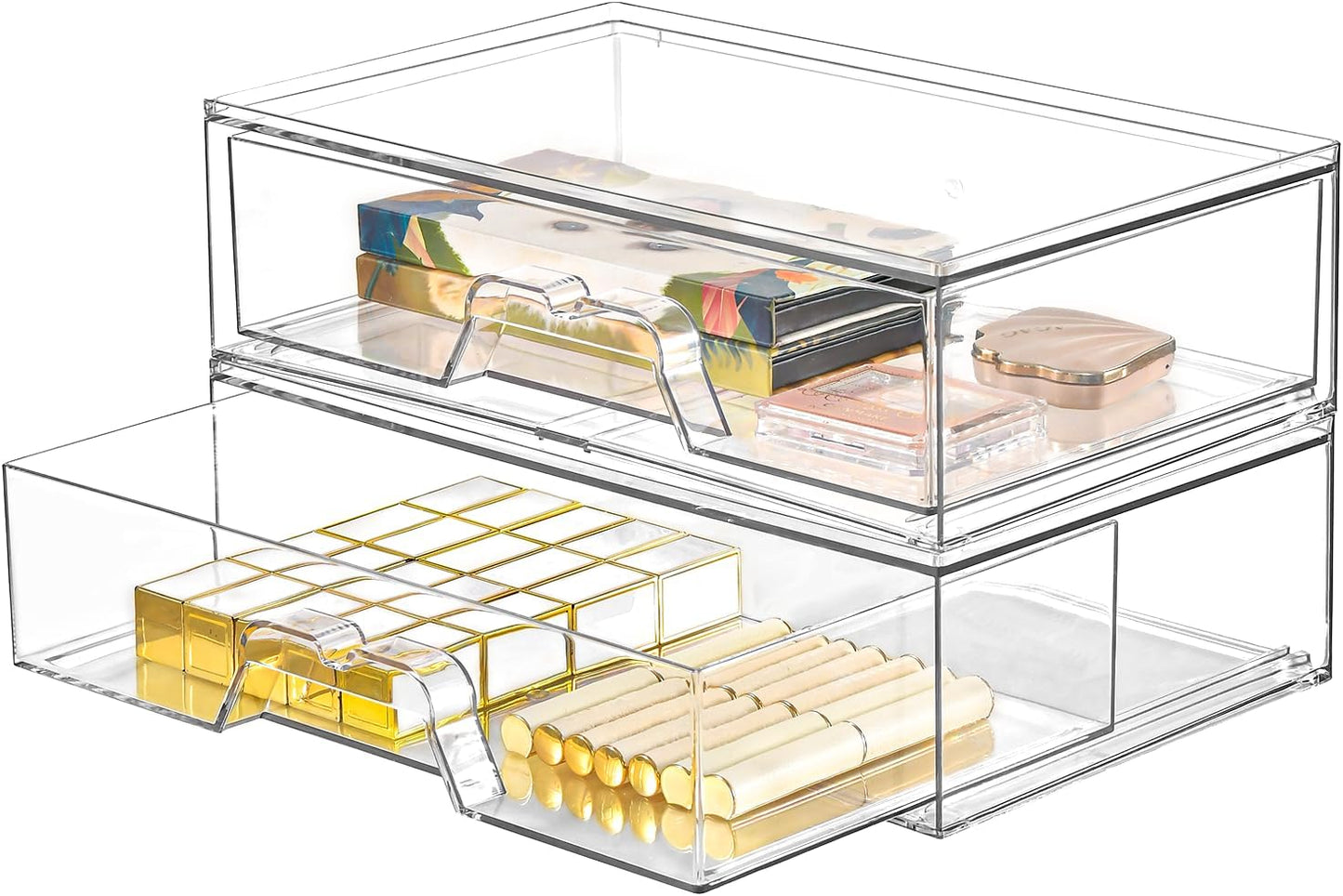 Stebopum 6 Pack Stackable Makeup Organizer, 4.4'' Tall Acrylic Bathroom Makeup Organizer and Storage Drawer with Pull-out Handle, Clear Plastic Storage Bins for Vanity,Pantry,Desk,Undersink,Kitchen