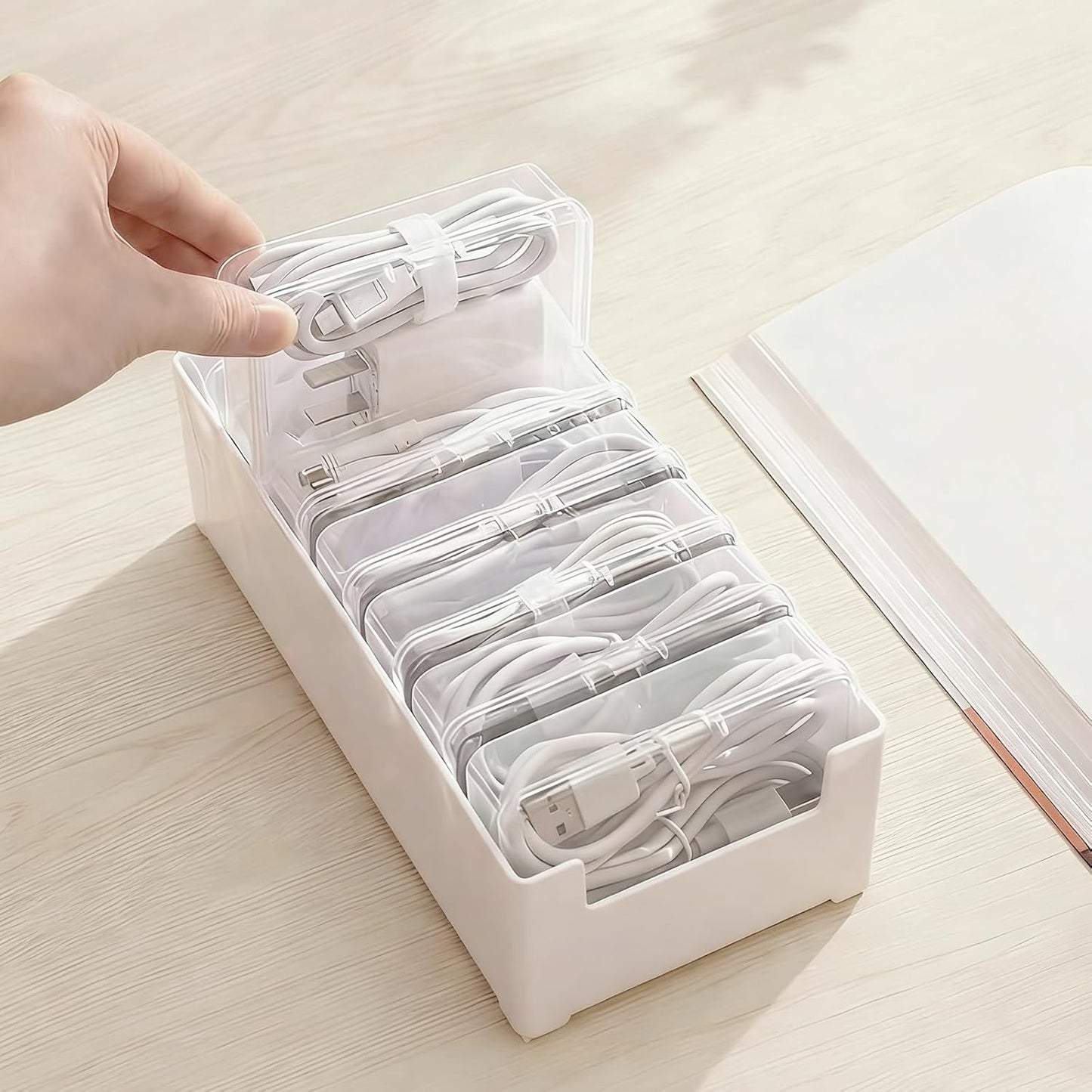 3 PCS Cable Organizer Box with 7 Clear Switch Case, Charger Cord Organizer Box for Home Office Desk Storage Accessories