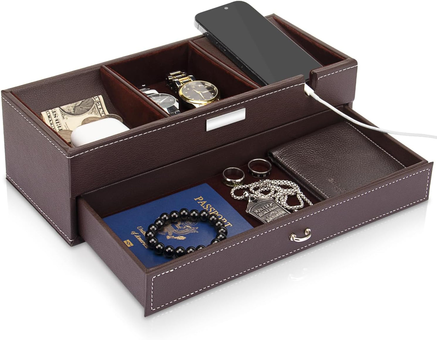Baoyun Valet Tray for Men, 2 Layers Nightstand Organizers for Men and Women, Leather Jewelry Storage Box, Mens Dresser Top Organizer, Catch All for Jewelry Key Wallet and Phone (Brown)