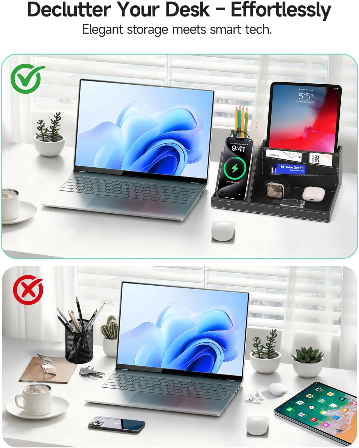 Fast Wireless Charging Station with Desk Organizer for iPhone 17/16/15/15 Pro/14/14 Pro Max/14 Pro/14 Plus/13/13 Pro Max/13 Pro/and iPhone 12/11 Series, Nightstand Desktop Organizer, Brown